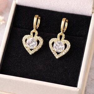 Dainty Gold Heart Drop Huggie Earrings – 14K Gold Plated CZ Petite 1” Dangle, Hy